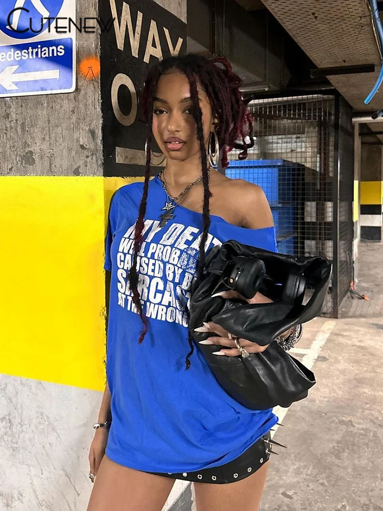 Casual Letter Print Women T-shirts Summer Concise Incline Shoulder Short Sleeve Oversized Tees Female Wild Street Tops