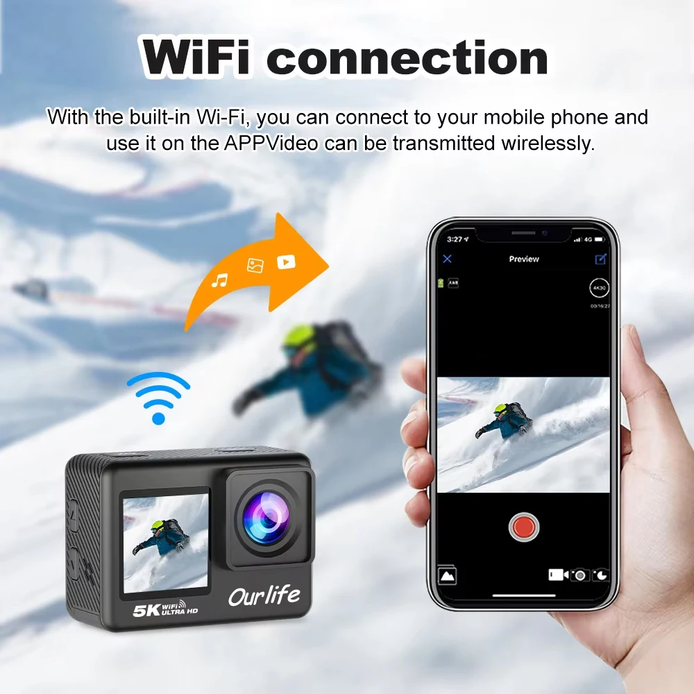Ourlife Action Camera 5K 4K60FPS EIS WiFi Dual Screen 170D Ourlife Action Camera 5K 4K60FPS EIS WiFi Dual Screen 170D