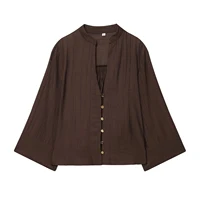 Autumn new women's loose and simple V-neck long sleeved shirt with elastic waist and wide leg pants set - Image 2