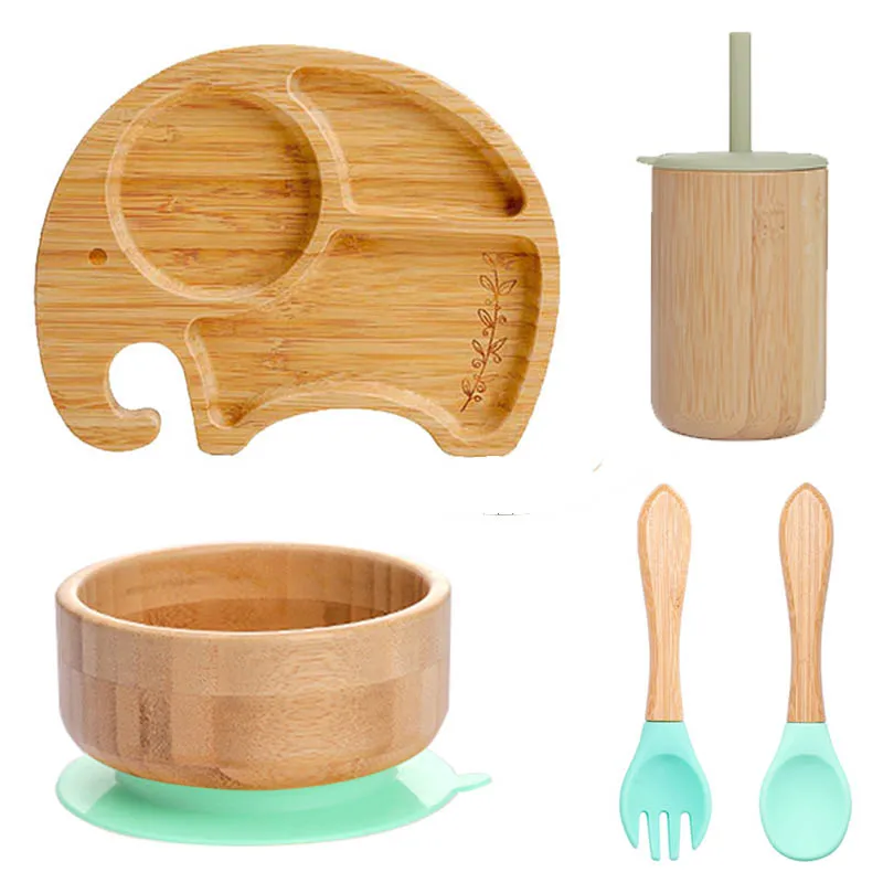 5Pcs/Set Children's Tableware Baby Bowl Plate Fork Spoon Cup Suction Feeding Food Bamboo Tableware BPA Free Non-Slip