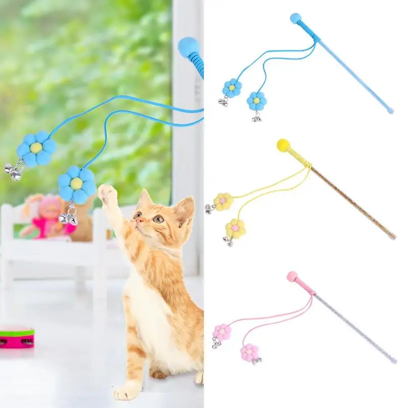 

Cat Wand Toys With Plush Flower Playing Chasing Jumping Stick Bells Interactive Kitten Teaser Toys Indoor Outdoor Pet Supplies