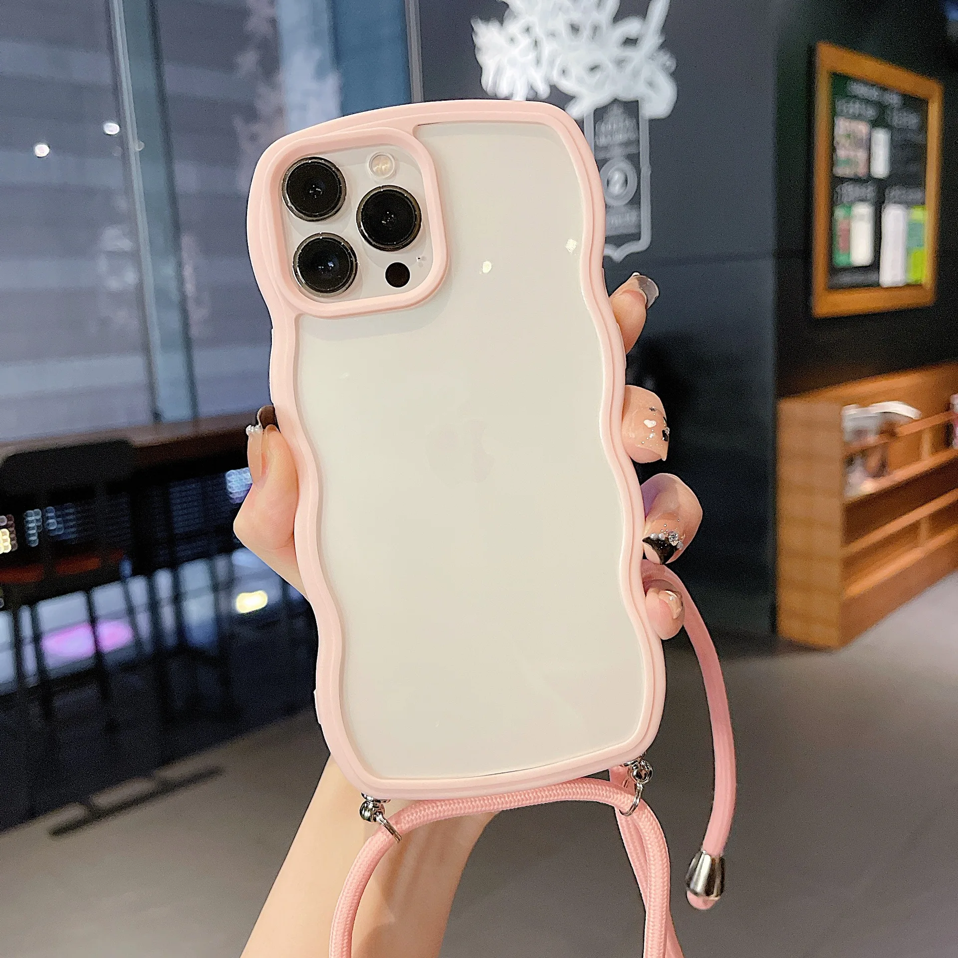 

50 шт. женский модный прозрачный чехол с волнистыми краями для iPhone 15 Pro Max, чехол для телефона, милый противоударный чехол с ремешком через плечо