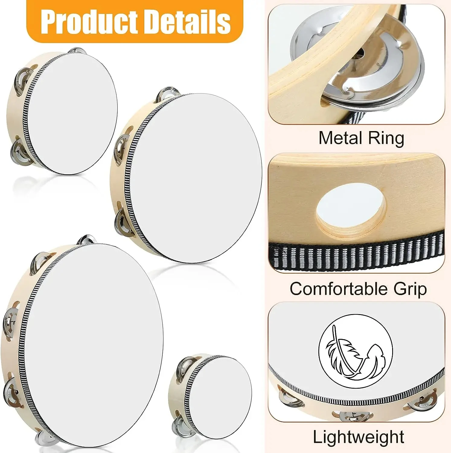 Description Picture 4 of item1Pc Wooden Tambourine 4/6/8/10-Inch Beige Rim with Metal Jingles Musical Educational Percussion Instrument for Concert Church Pa