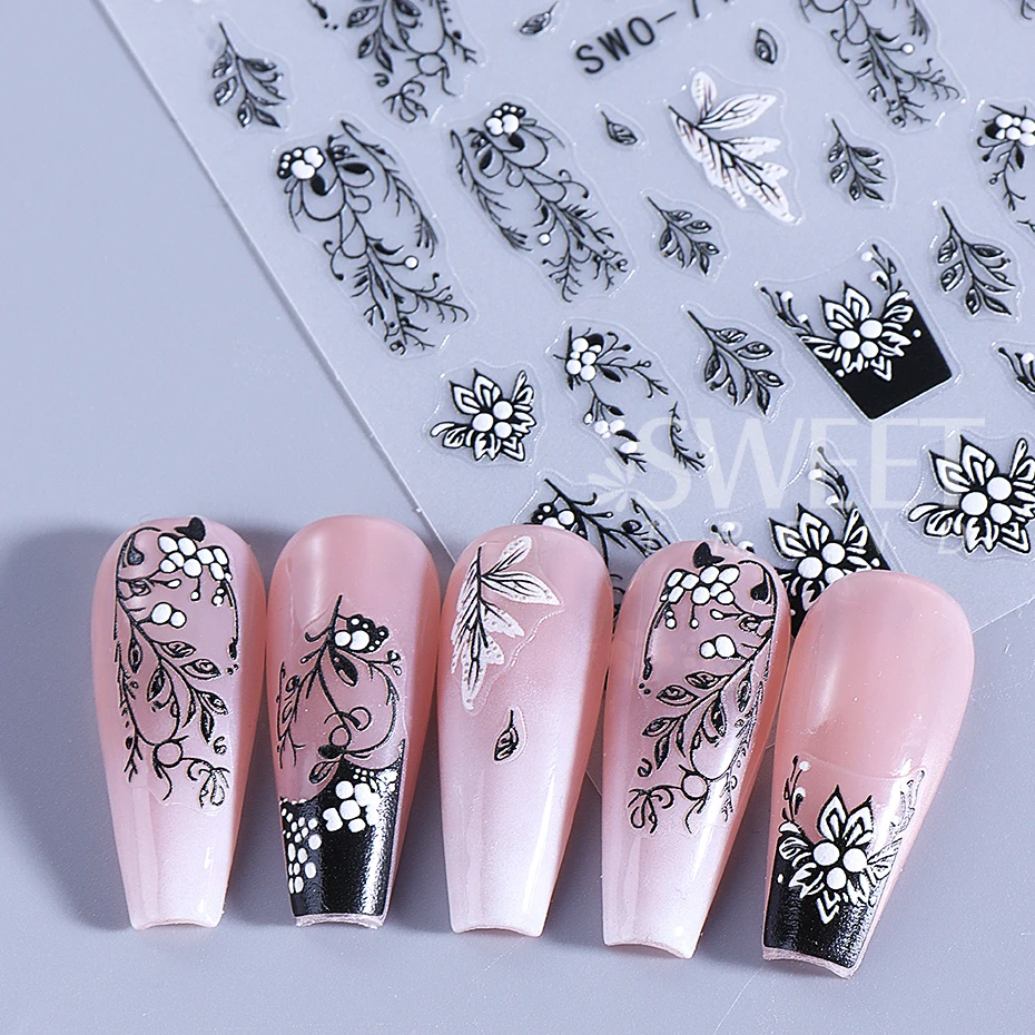 3D Lace Nail Sticker Black White Flower Floral Leaves French Line Manicure Design DIY Bohemian Gel Polish Slider Nail Decoration