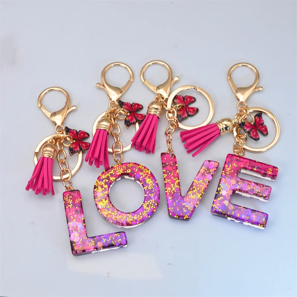 Simpatico viola lamina d'oro A-Z alfabeto resina portachiavi nappa ciondolo per le donne, lettera iniziale portachiavi accessori borsa charms, A, taglia unica