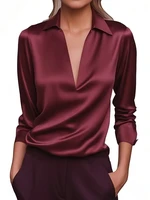 Women's Elegant Dressy Satin Work Shirt Plain Modern Casual Long Sleeve Shirt Collar Regular Tops - Image 3