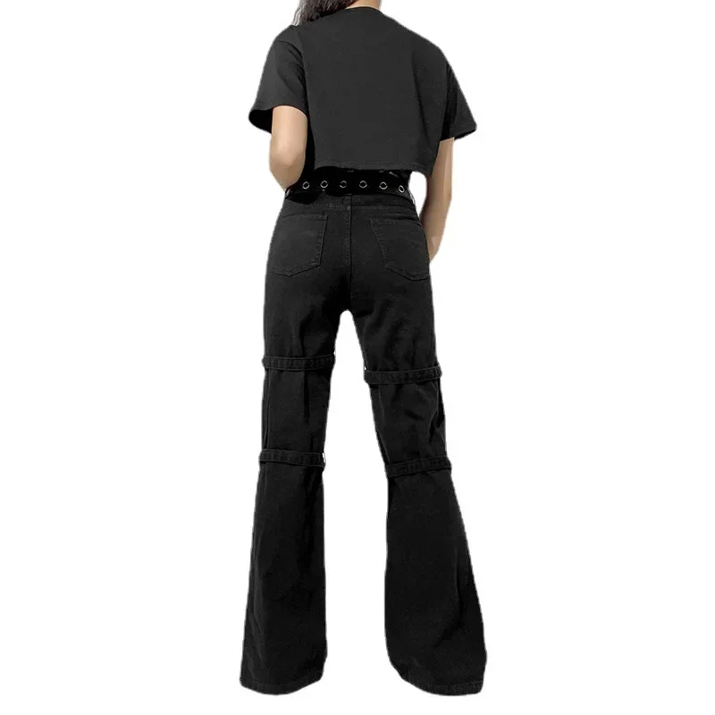 Fashion Gothic Cargo Pants Pocket Split Straight Pants Women Printed Casual Denim Drape Pants High Waisted  y2k Clothes
