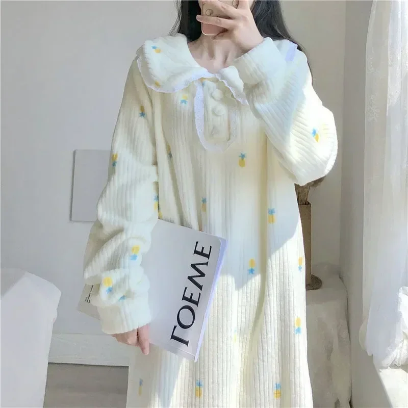 

Nightgown Pajamas Lace Nightwear Night Pineapple Warm Dress Sleepwear 2023 Fleece Winter Sleeve Long New Piece One in Women Home