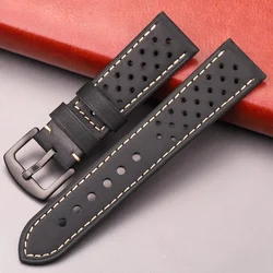 Premium Vintage Matte Genuine Leather Watch Strap - Breathable Cowhide Band - 22mm (Black Black Buckle)