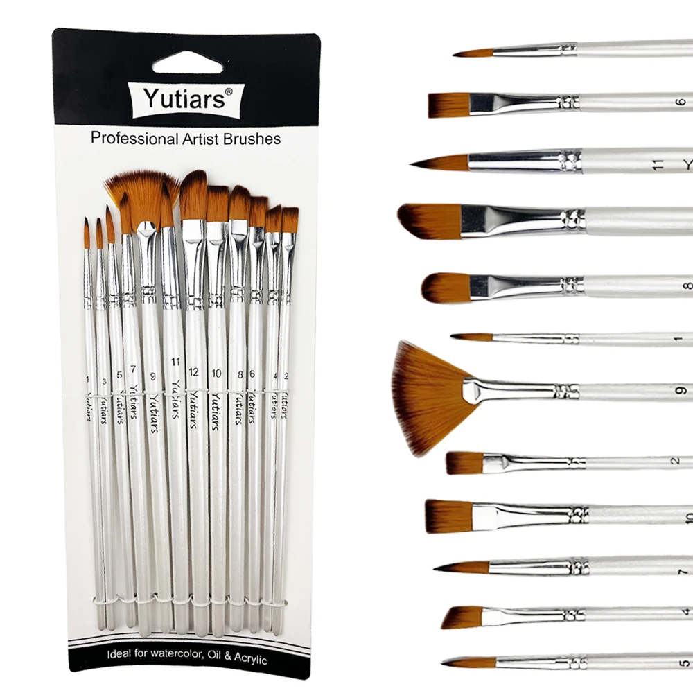 Paint Brushes 12Piece Nylon Bristle Brush Set Nylon Flat Brushes Watercolor Oil Paint For Artists Amateur Acrylic Painting