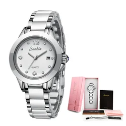 Elegant Women's Ceramic Bracelet Watch - Waterproof Ladies' Timepiece with Gift Box (Silver White)