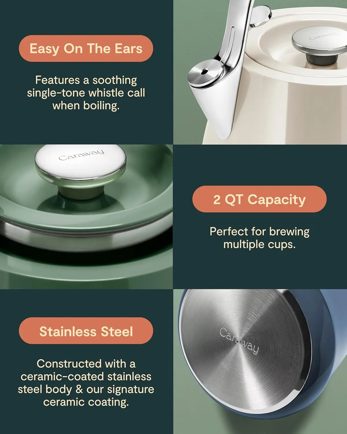 Caraway 2 Quart Whistling Tea Kettle - Durable Stainless Steel Tea Pot - Fast Boiling, Stovetop Agnostic - Non-Toxic, PTFE & PFO 3