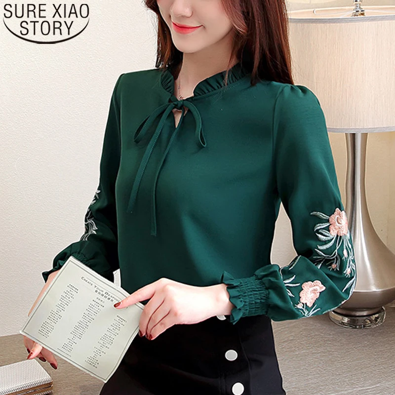 Floral Embroidery Chiffon Blouse Shirt 