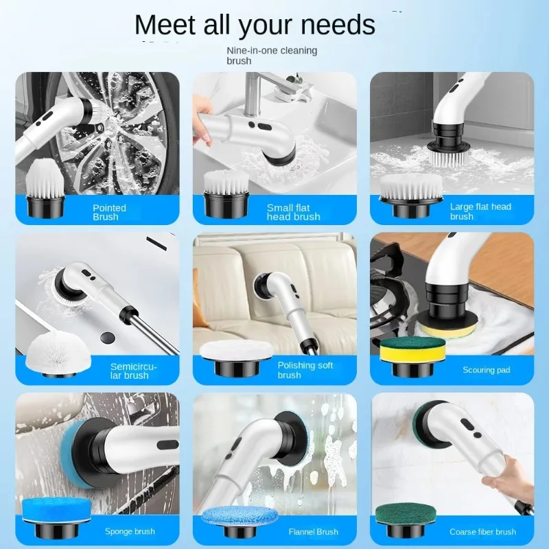 Stretchable multifunctional 9-in-1 electric cleaning brush - kitchen cleaning tool, floor sweeping tool.