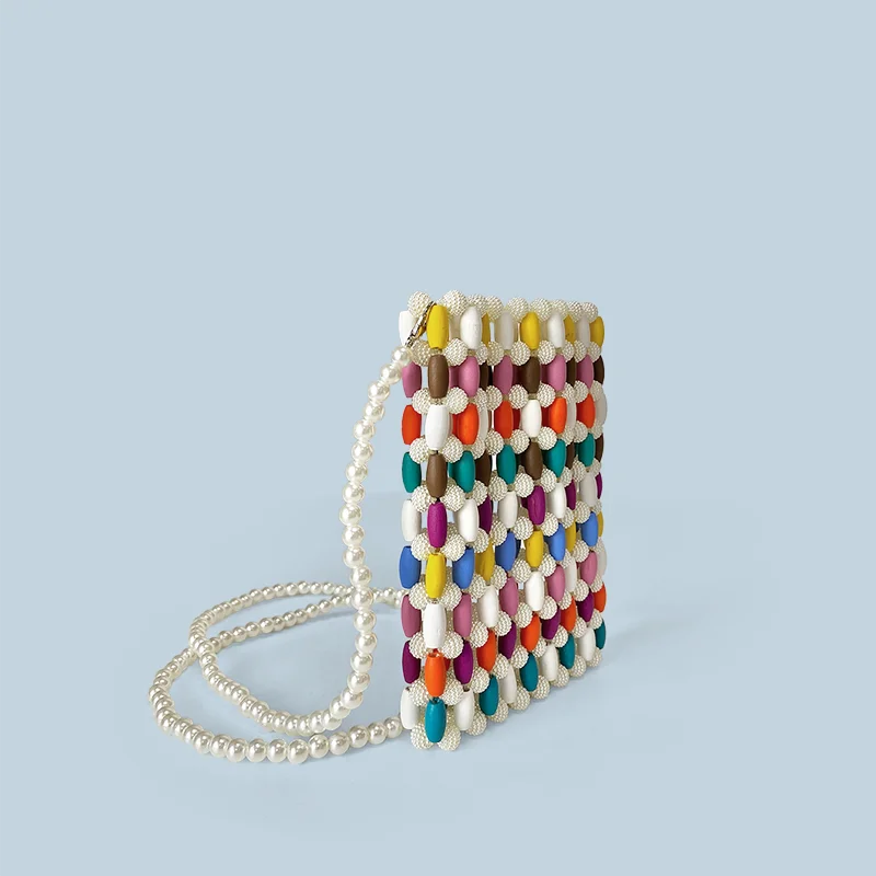 Colorful Wood Bead Splicing Mini Crossbody Phone Bag Vacation Style Leisure Handmade Bead Bag
