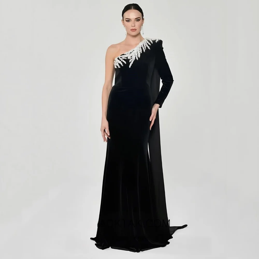 

Serendipity 2024 New Formal Luxury Lace Evening Dress One-Shoulder Trumpet Elegant Black Cocktail Party Gown For Sexy Women