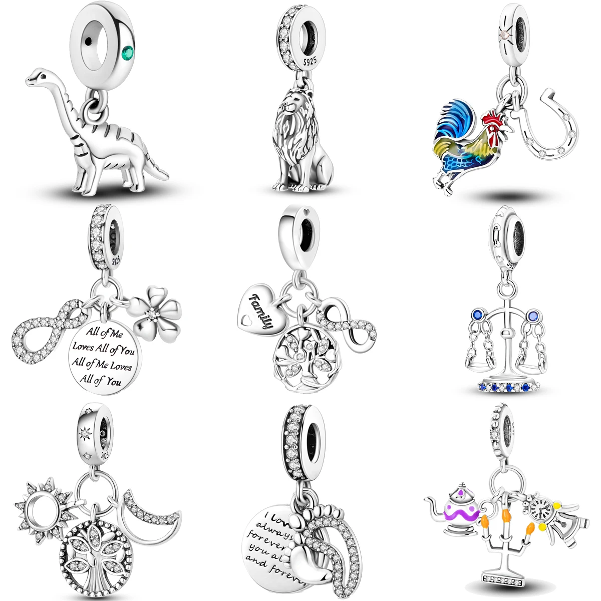 

925 Sterling Silver Lion Rooster Footprint Tree Pendant DIY fine beads Charms Fit Original Pandora Charm Bracelet Women Jewelry