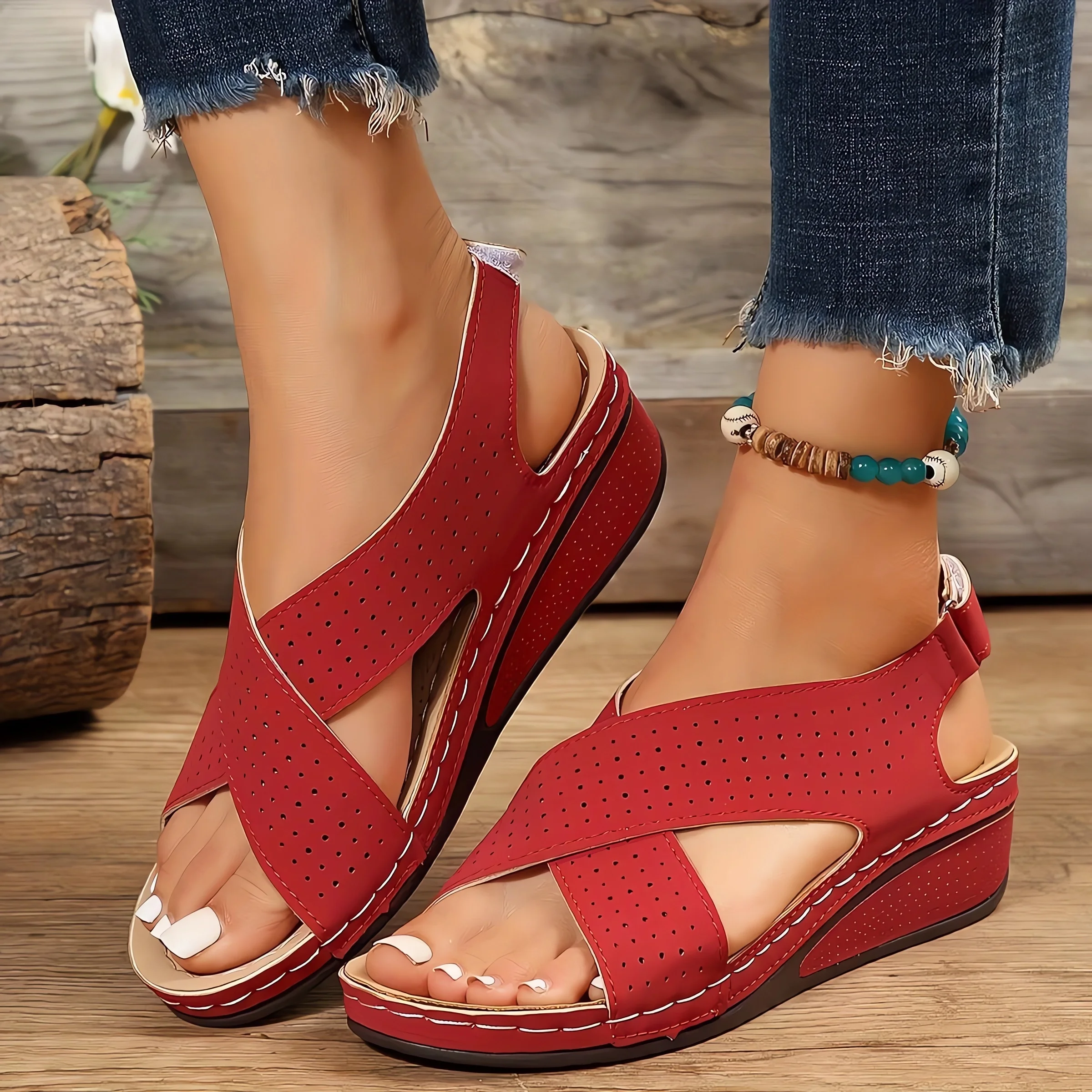 

2024 Women Sandals Summer Ourdoor Middle heel Sandals Female Casual Plus Size 43 Shoes of Women's Socofy Retro Sandalis Woman