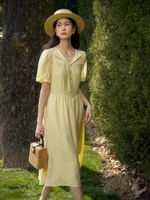 DUSHU Fake Two-piece Waist Up Dress 2024 Summer New Style Temperament V-neck Bubble Sleeves Yellow Black Women Dress 24DS82134