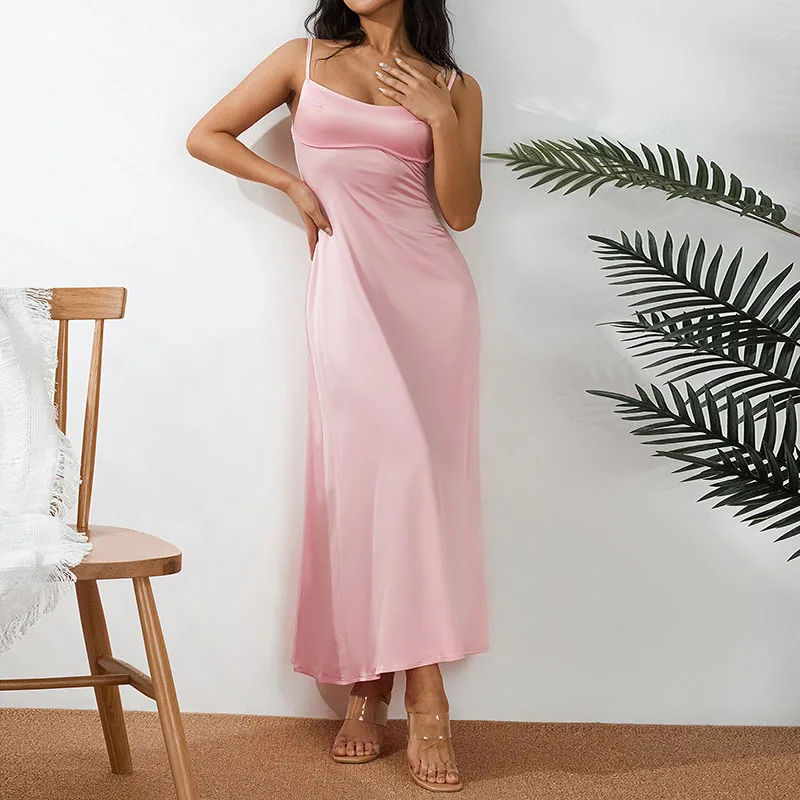 

Summer Ladies Temperament Silky Slip Dress Women Leisure Style Solid Color V-neck Sleeveless Backless Slim Long Skirt Partywear