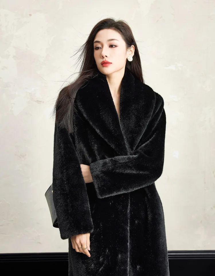 Lautaro Winter Extra Long Elegant Luxury Chic Thick Warm Soft Black Fluffy Faux  Fur Coat Women Shawl Collar Furry Overcoat 2025