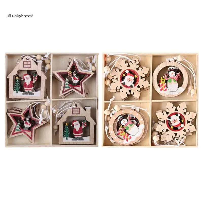 

11UA 12Pcs Christmas Tree Ornaments Set Wooden Santa Snowman Star House Snowflake Hanging Pendant Xmas Home Party Decor