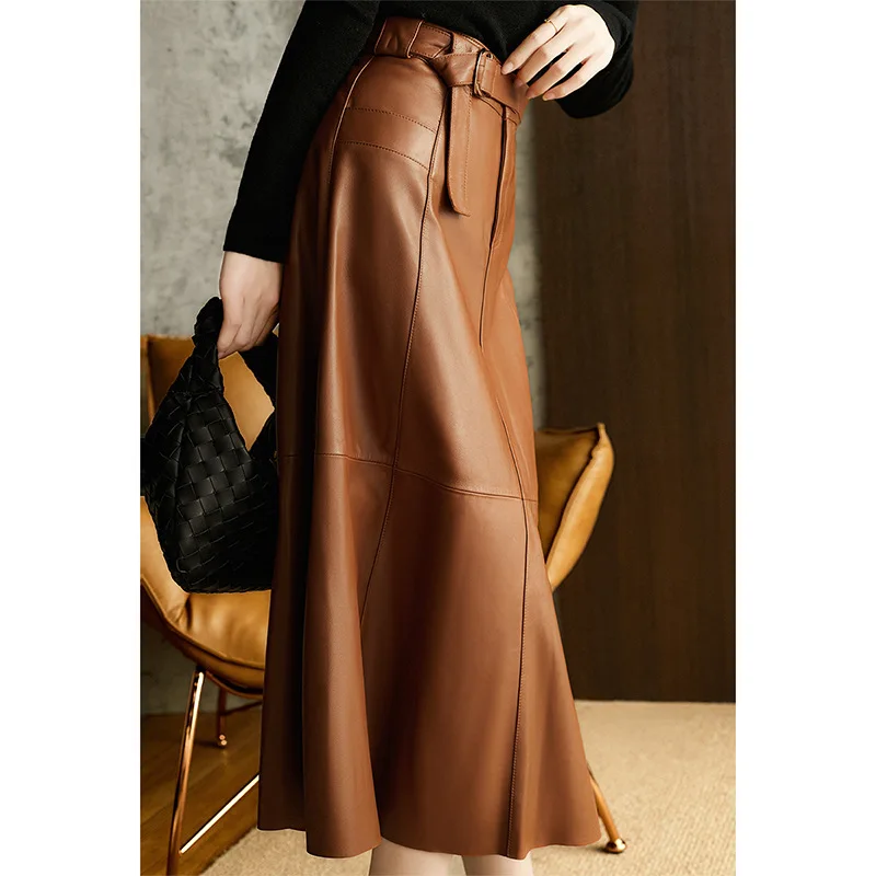 vintage-brown-high-waist-a-line-pu-leather-skirt-with-belts-a-swing-long-office-lady-skirts-autumn-winter-new-in-women-outfits
