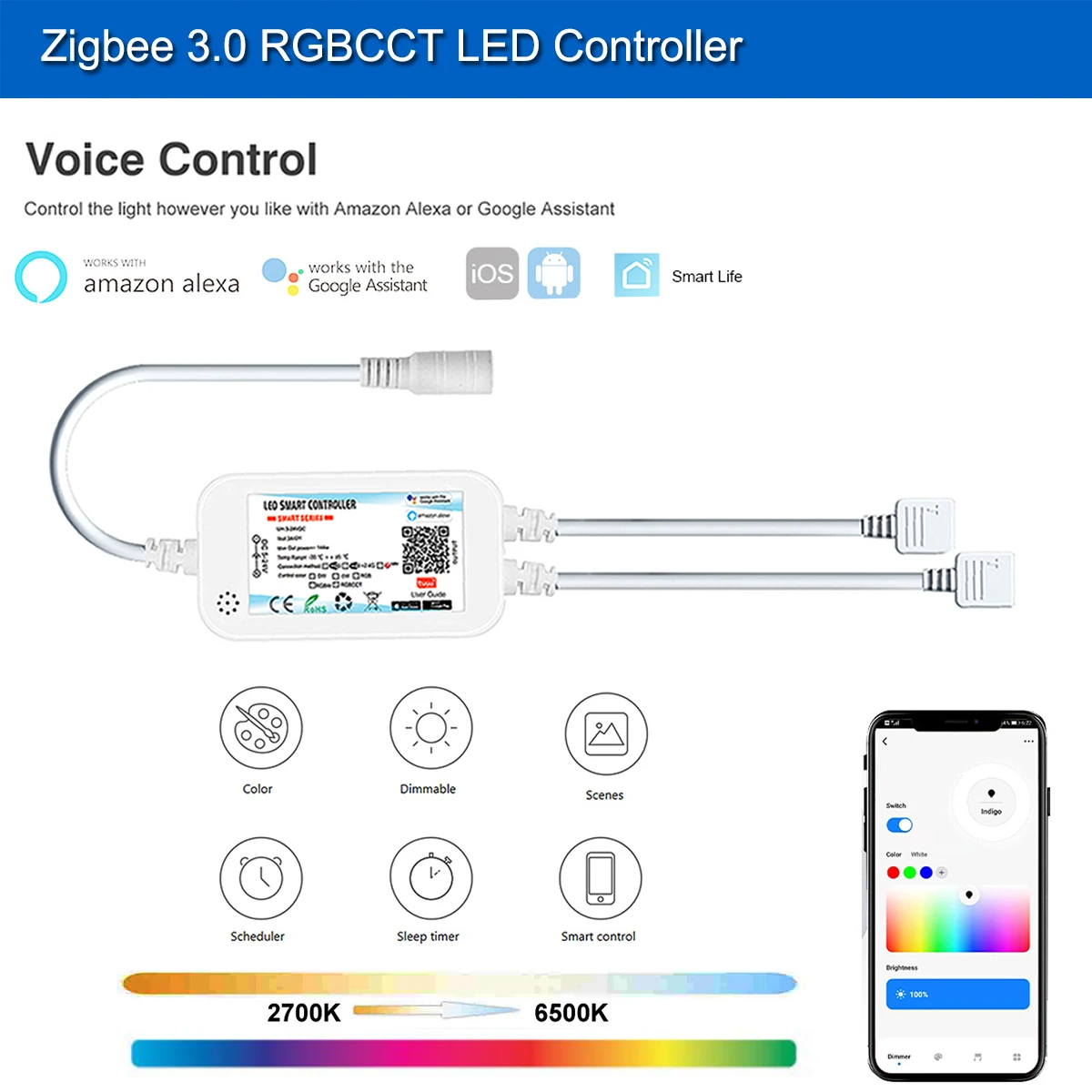 Zigbee 3.0 Led Smart Controller DC12V 24V 5050 3528 RGB/RGBWW/RGBCCT/COB Led Strip Light Dimmer for 2MQTT/Tuya/Alexa/Google