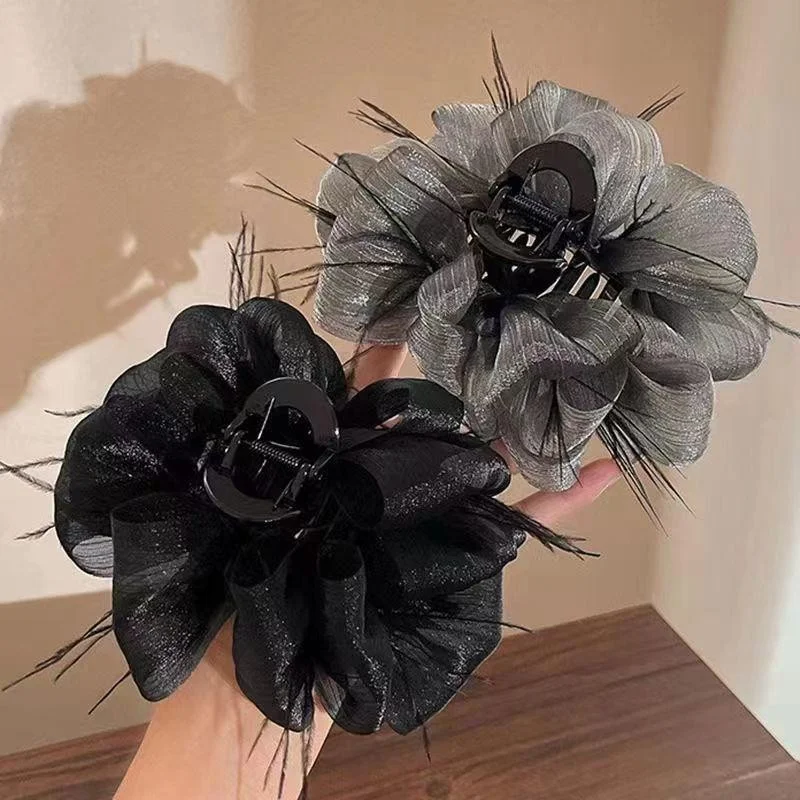 Elegante Mesh Blase Haar Clip für Frau Temperament Feder Quaste Shark Clip Mode Mädchen Pferdeschwanz Haar Klemme