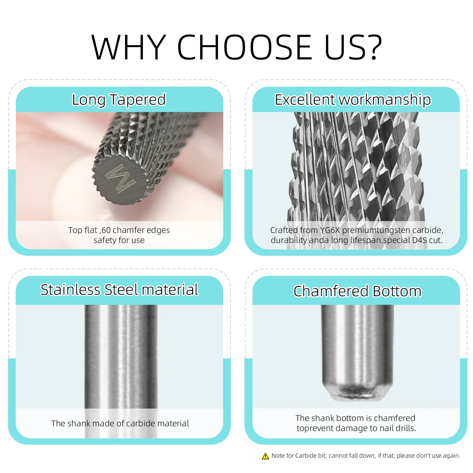 HYTOOS Safety Chamfer Tapered Nail Drill Bits Professional Electric Carbide Dust Proof Bits for Acrylic Nails Gel Removal Tool 5