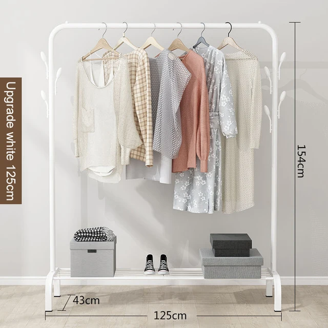Garment Rack Floor Standing Clothes Hanger Double Pole Coat Rack Wardrobe Clothing Drying Rack Mobile Cloth Rail Home Furniture W Update 125cm