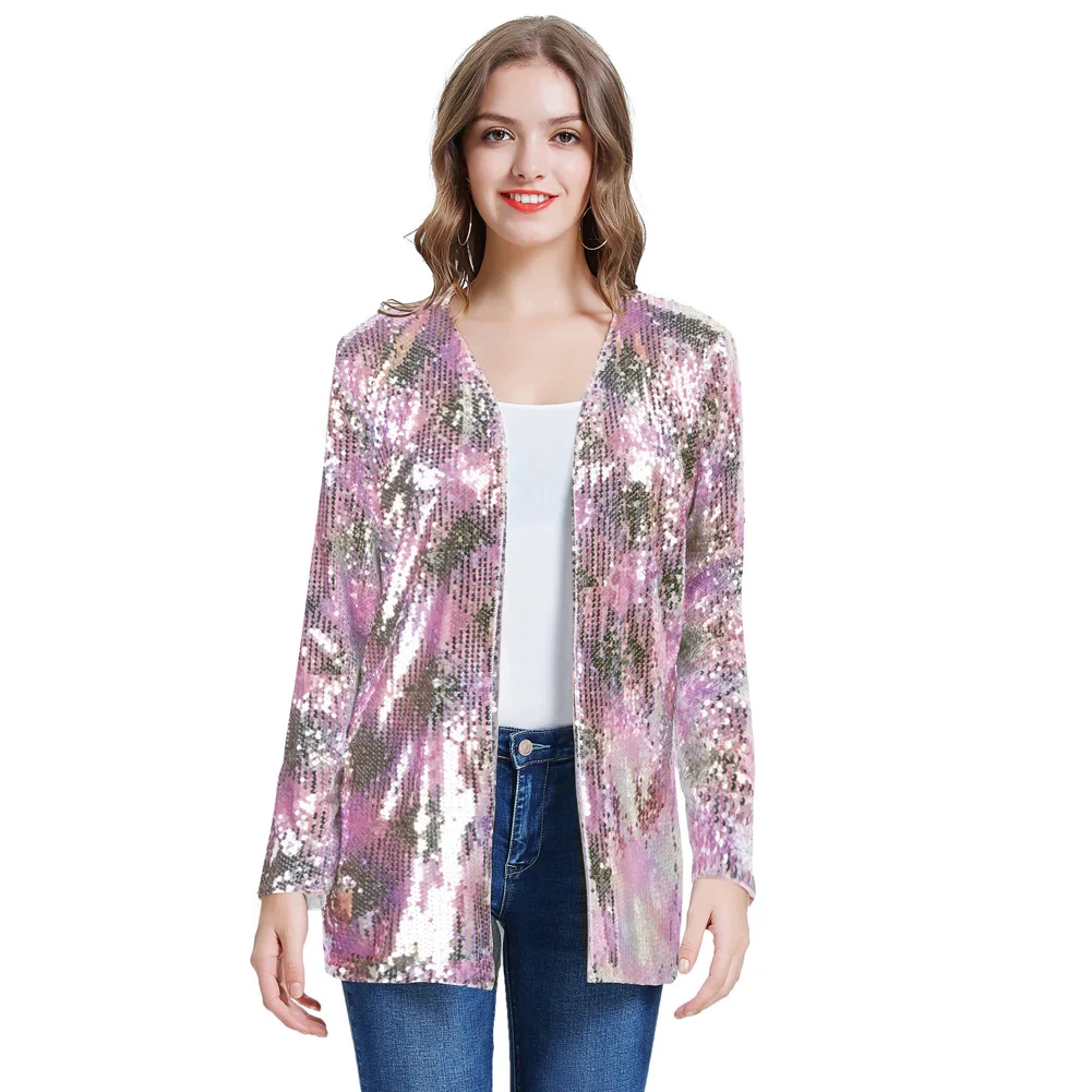 GK Women's Sequined Jacket Sparkle Long Sleeve Open Front Coat Office Lady Fashion Casual Party Jacket Outerwear Female Clothing