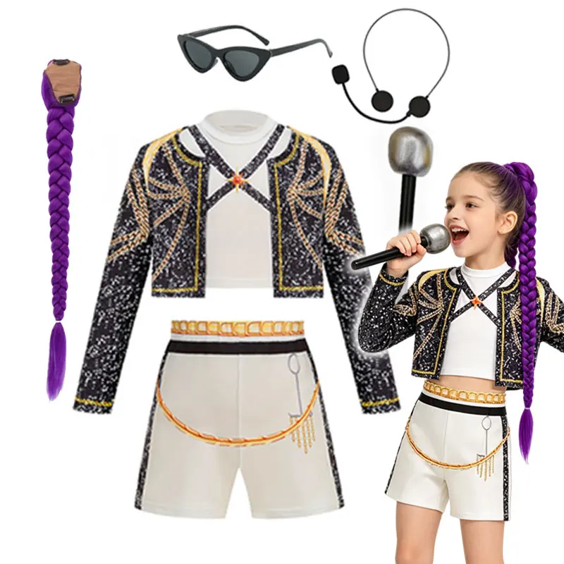 Completo per Esibizioni sul Palco per Bambine, Costume da Cantante con Cardigan a Maniche Lunghe, Top Corto e Pantaloncini, Abbigliamento per Concerti, Canto e Danza
