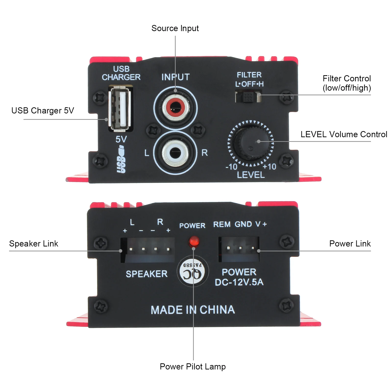 2 Channel 12V Mini Digital Car Audio Power Amplifier Portable DIY Amplifier Subwoofer for Speaker / Auto Car / Motorcycle
