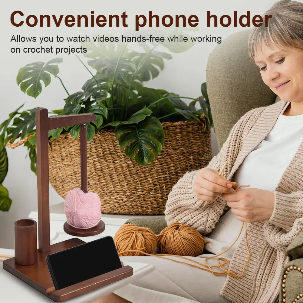 3-in-1 Wooden Yarn Holder with Phone Stand Magnetic Yarn Spinner Thread Spool Wool Ball Winder for Mom Grandma