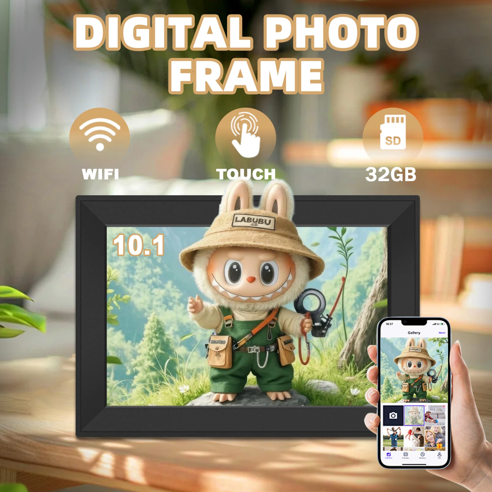 Digital Photo Frame 10.1 Inch 32G WiFi 1280x800 HD IPS Touch-screen Auto Rotation Photo Sharing Via APP Decorative