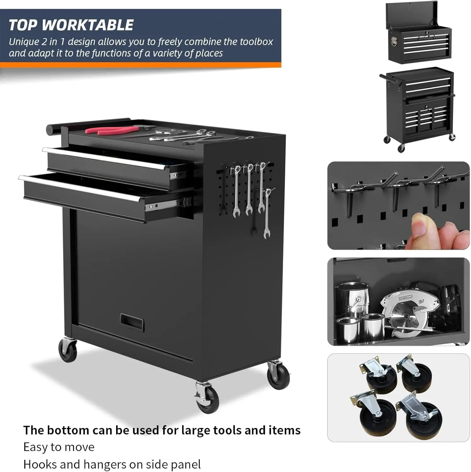 High Capacity Rolling Tool Box, Removable Cabinet Storage Tool Chest with Wheels and Drawers, Detachable Toolbox with Lock for 5