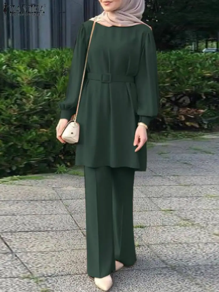 

ZANZEA Muslim Elegant Suit Fashion Solid Color Sets Vintage OL Outifits Long Sleeve Blouse Wide Leg Pant Spring Kaftan Ramadan