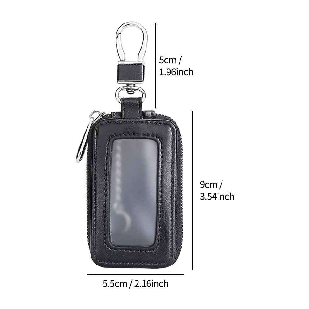 Leather Car Key Holder with Mirror Window - Retro Keyring Wallet and Zipper Pouch