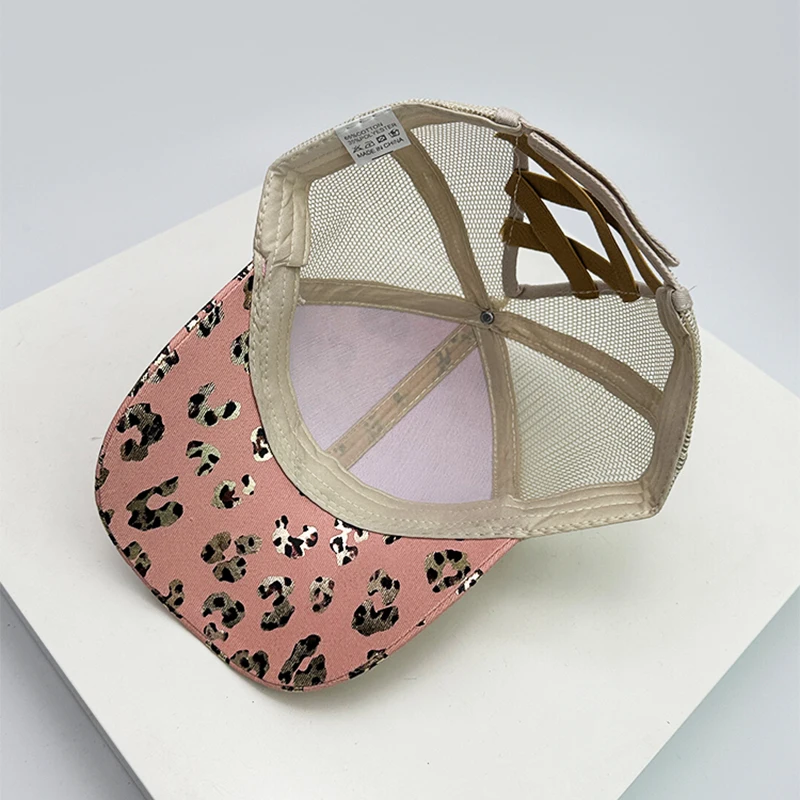 Women Bronzing Leopard Print Criss Cross Tail Baseball Hats Mesh Breathable Sunshade Versatile Trucker caps Fashion Washed