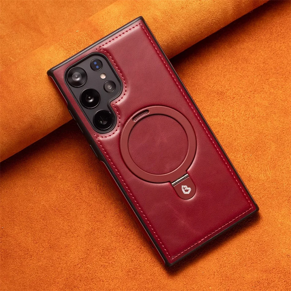 Retro Shockproof Leather Case with Magnetic Stand and Holder Ring