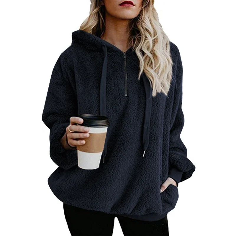 Women's Sweater Sweater Autumn and Winter New Women's Street Style Thick Warm Jacket Long-sleeved Zipper Hooded Solid Color