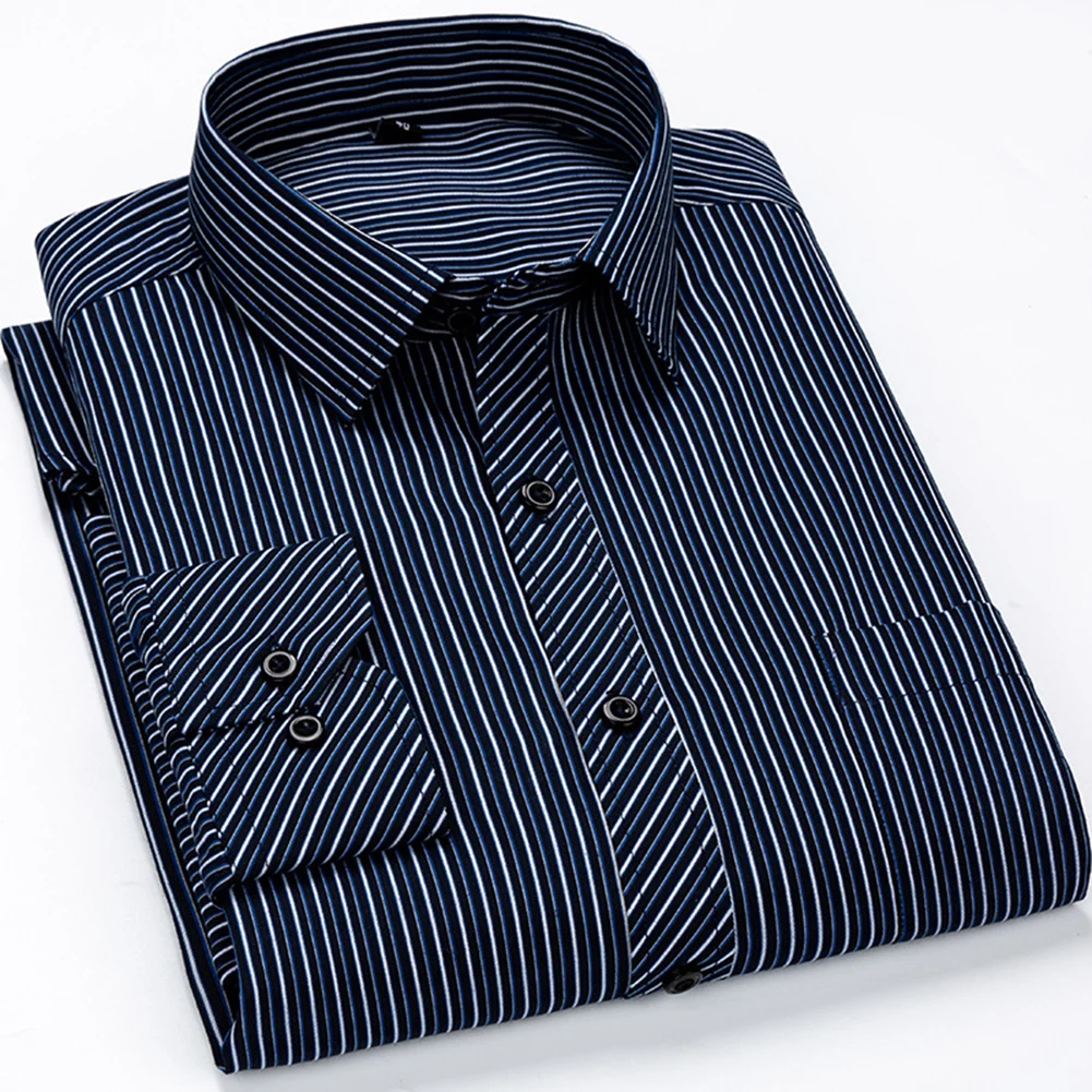 Men's Fashion Long Sleeve Shirts Autumn Casual Business All-match Plaid Stripe Lapel Collar Shirt Man Tops