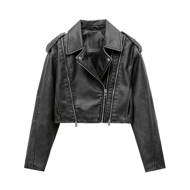 2024 Women's new short make old effect imitation leather motorcycle jacket jacket women's washed gray leather coat