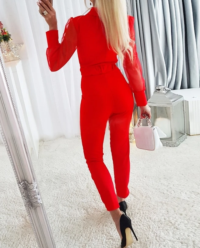 Office Long Jumpsuits 2023 Autumn New Fashion Elegant Solid Color Sheer Mesh Patch Long Sleeves Jumpsuits Temperament Commuting