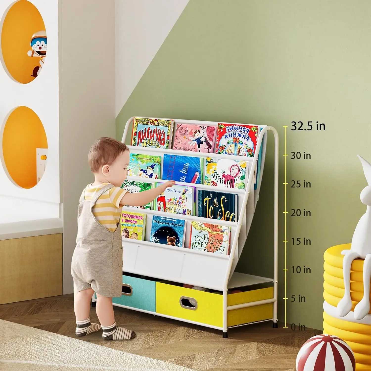 Kids Bookshelf 4 Tier Small Bookcase for Kids Room Metal Nursery Book Shelf Sling Book Shelf and Toy Storage for Children