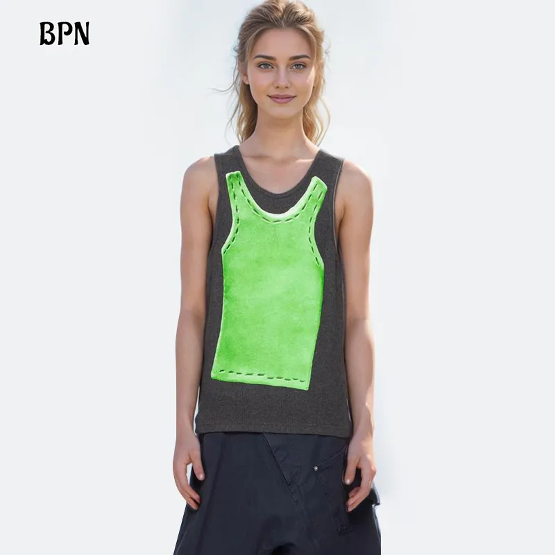 

BPN Streetwear Knitting Vests For Women Round Neck Sleeveless Hit Color Printing Casual Loose Tank Tops Female Fashion Clothing