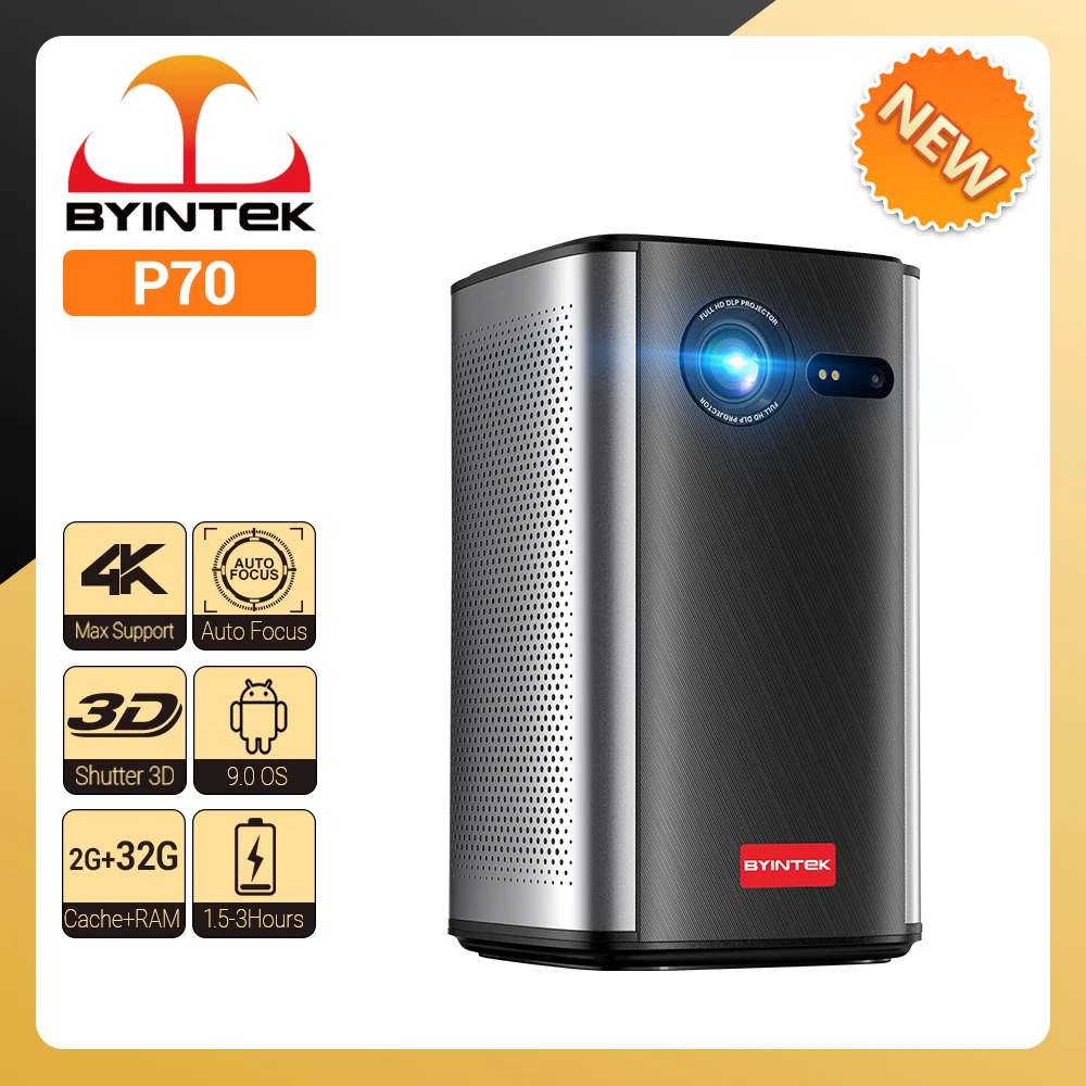 BYINTEK P70 3D 4K Mini Portable Projector DLP Auto Focus Smart Android WiFi LED 1080P Home Theater Video Projectors With Batter