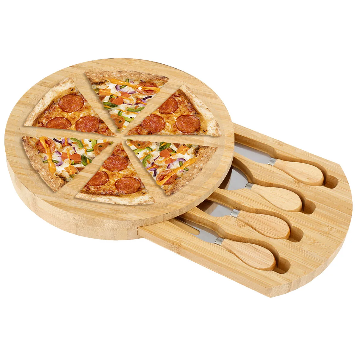 Pizza Board Bamboo Tray Cheese Plate With Cheese Knife Mini Cake Dessert Pallet Xmas Party Pudding Pizza Bread Cutter Tray Set