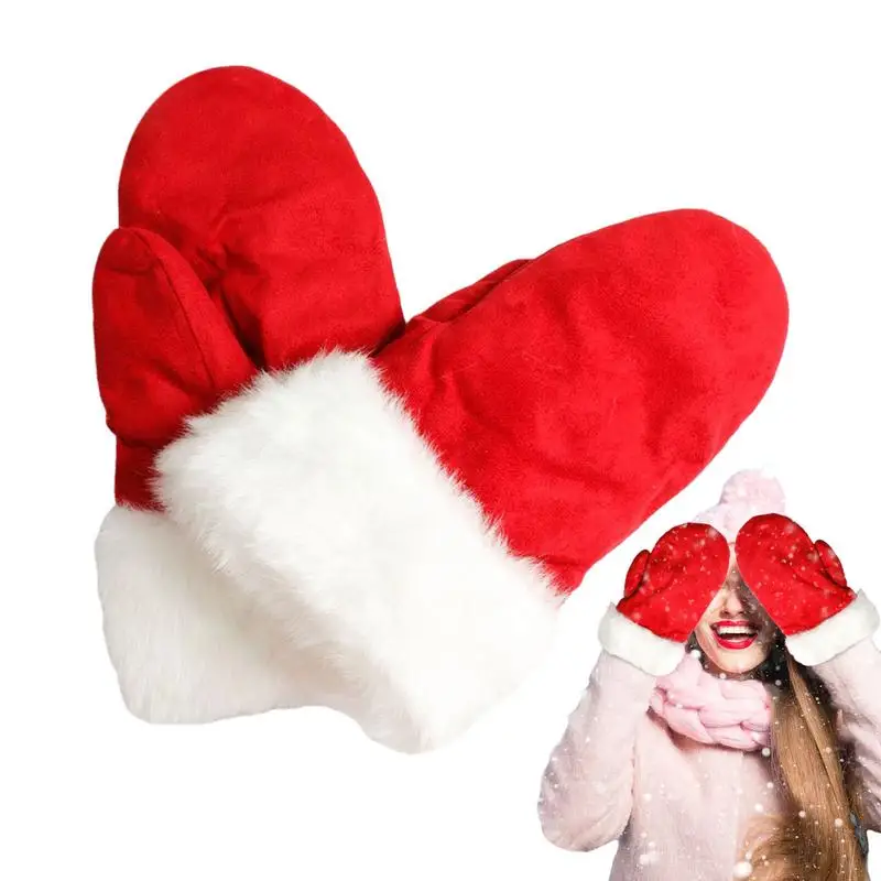 

Christmas Gloves For Kids Red Fleece Finger Wrap With White Furry Cuff Accessories Double Layer Warm Thickened Winter Gloves